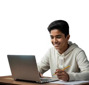Student taking a self evaluation test on laptop